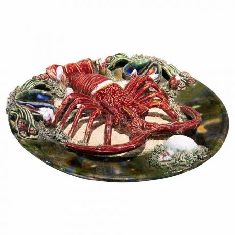 لوحة طبق الفخار البرتغالي العتيق طراز Majolica Lobster Wall ، 1900